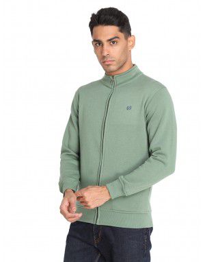 Men Cotton Blend Plain Zipper Sweatshirt Green
